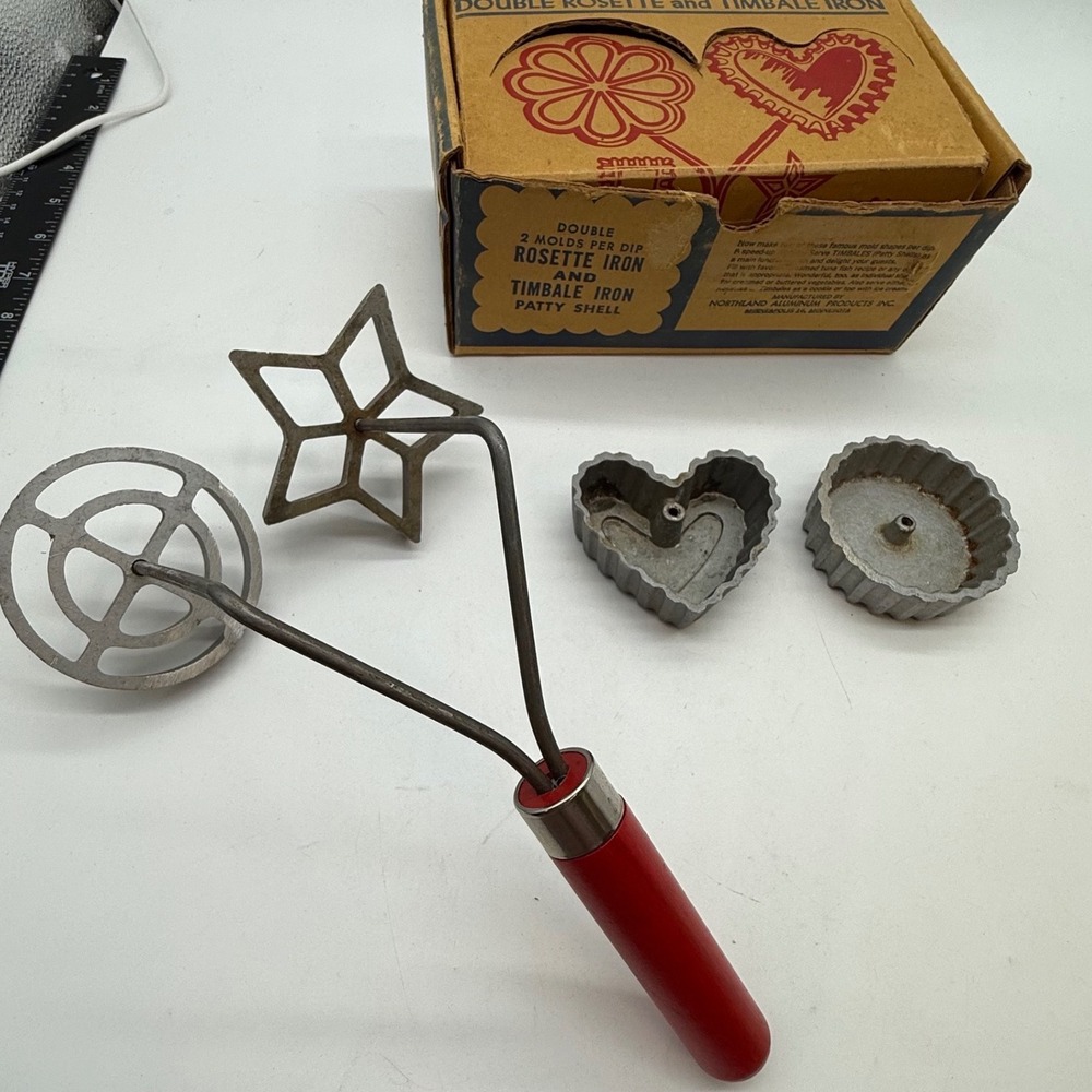 Vintage Nordic Ware Double Rosette and Timbale Iron Set 4 Molds Red Handle Box